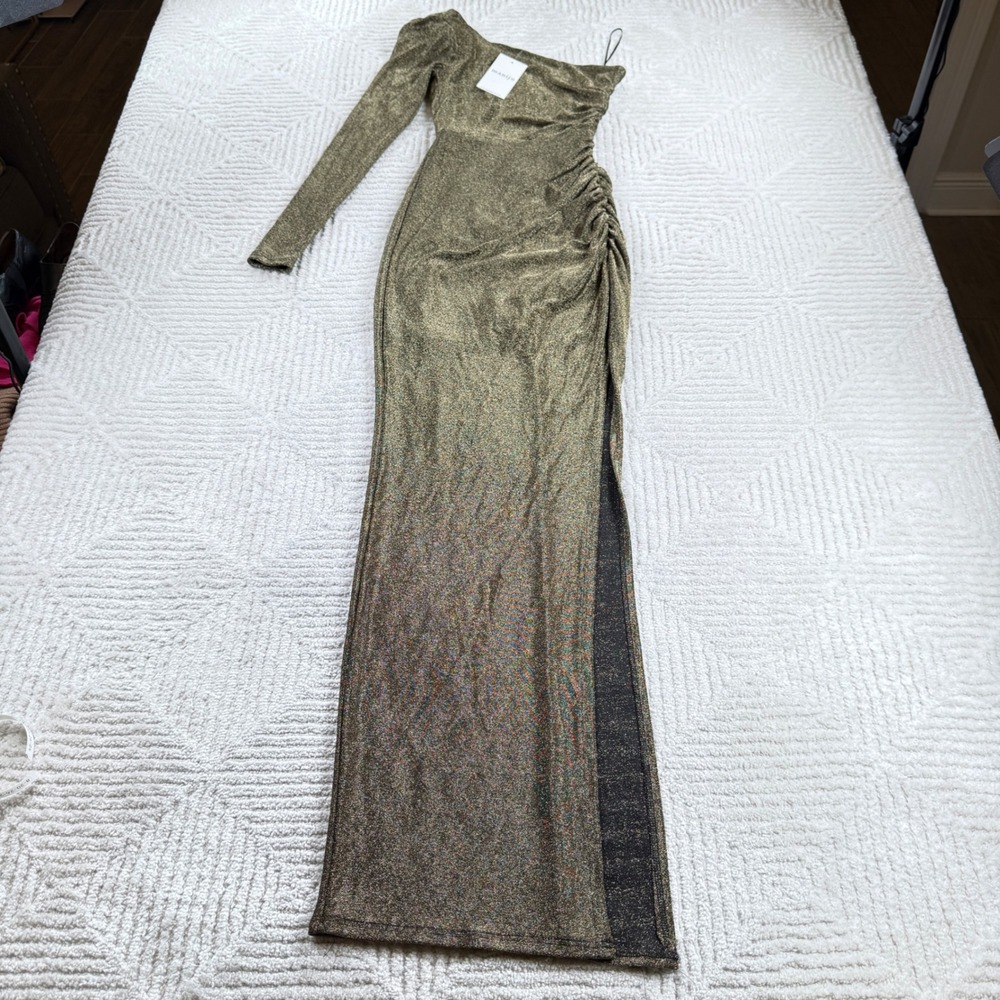 Maniju One Shoulder Maxi Dress Womens XS Gold Metallic Ruche Gown Formal Party